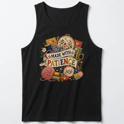Vintage floral print with crafting supplies and the text 'Made With Patience' — printed on a tank top