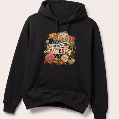Vintage floral print with crafting supplies and the text 'Made With Patience' — printed on a unisex hoodie