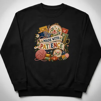 Vintage floral print with crafting supplies and the text 'Made With Patience' — printed on a unisex sweatshirt