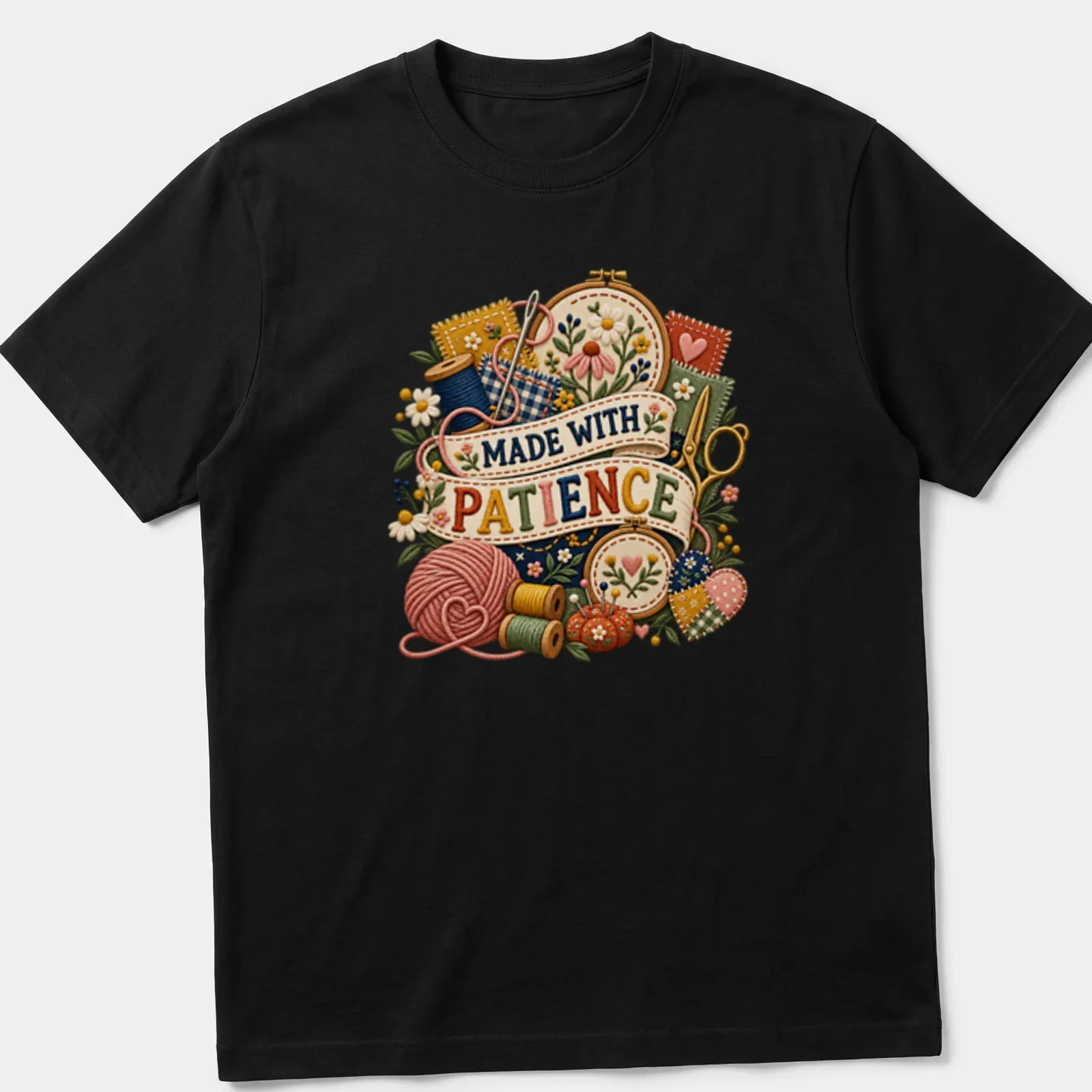 Vintage floral print with crafting supplies and the text 'Made With Patience' — printed on a unisex t-shirt