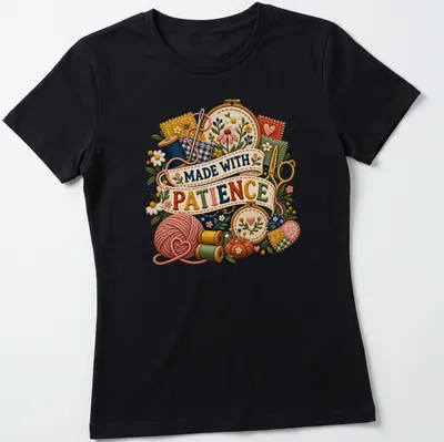 Vintage floral print with crafting supplies and the text 'Made With Patience' — printed on a women's shirt