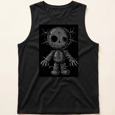 Gothic poppet doll illustration with pins in black, white, and gray — printed on a tank top