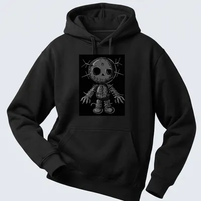 Gothic poppet doll illustration with pins in black, white, and gray — printed on a unisex hoodie