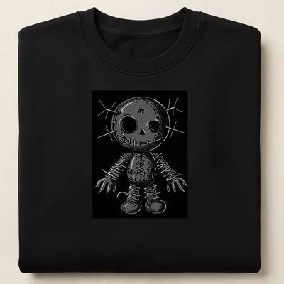 Gothic poppet doll illustration with pins in black, white, and gray — printed on a unisex sweatshirt