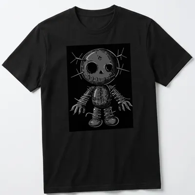 Gothic poppet doll illustration with pins in black, white, and gray