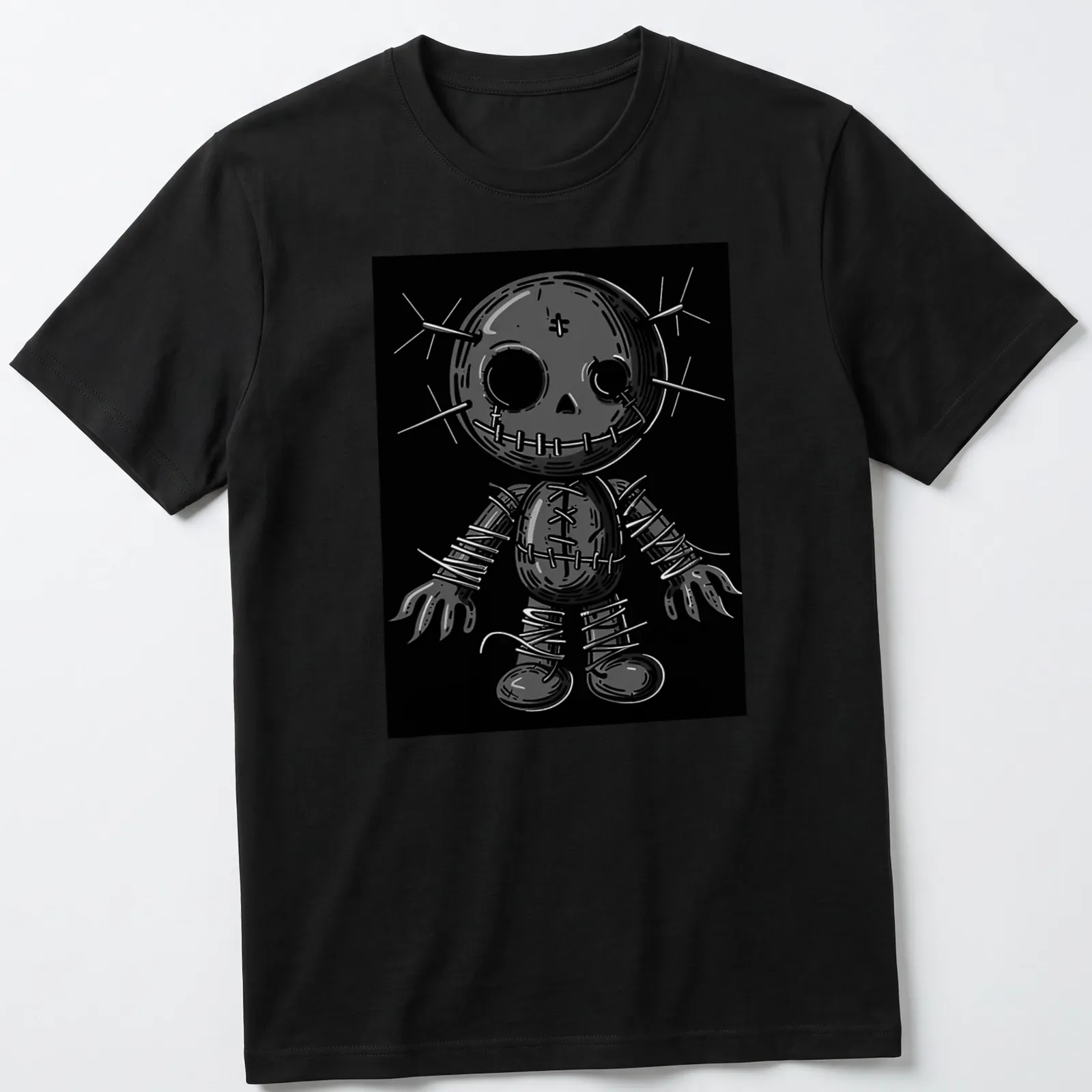 Gothic poppet doll illustration with pins in black, white, and gray — printed on a unisex t-shirt