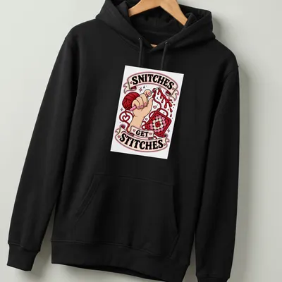 Colorful illustration with crochet yarn and hands, featuring 'SNITCHES GET STITCHES' text — printed on a unisex hoodie
