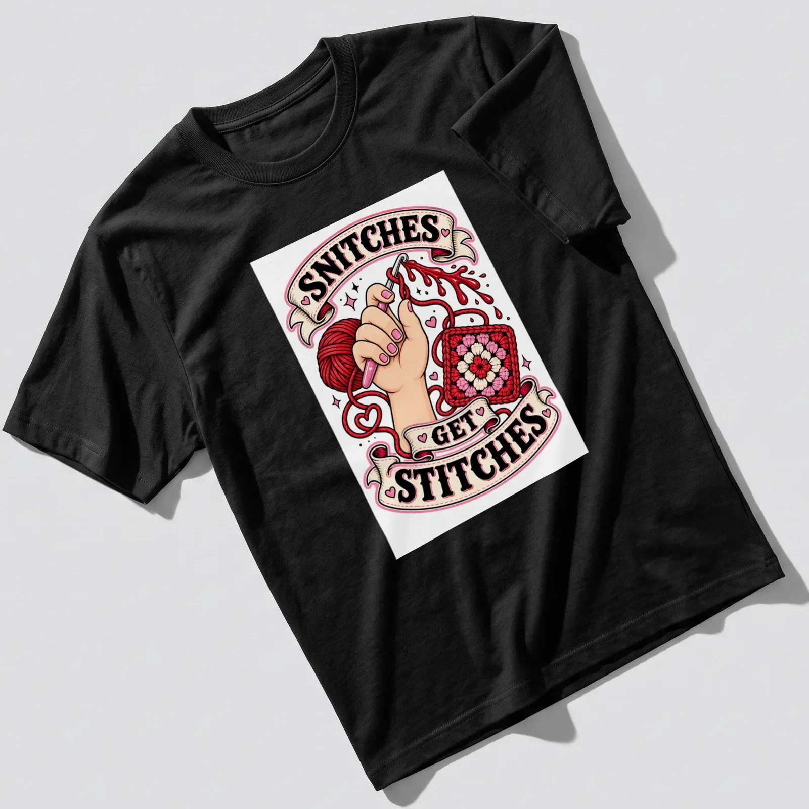 Colorful illustration with crochet yarn and hands, featuring 'SNITCHES GET STITCHES' text — printed on a unisex t-shirt