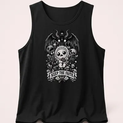 Gothic-style shirt featuring a crying baby character and the phrase 'Keep The Faith.' — printed on a tank top