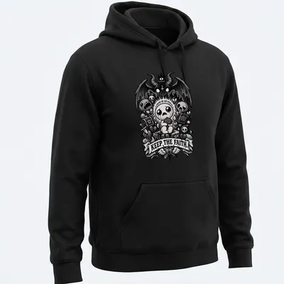 Gothic-style shirt featuring a crying baby character and the phrase 'Keep The Faith.' — printed on a unisex hoodie