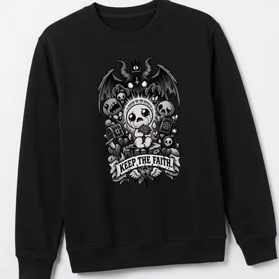 Gothic-style shirt featuring a crying baby character and the phrase 'Keep The Faith.' — printed on a unisex sweatshirt
