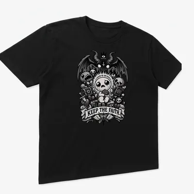 Gothic-style shirt featuring a crying baby character and the phrase 'Keep The Faith.' — printed on a unisex t-shirt (angled view)