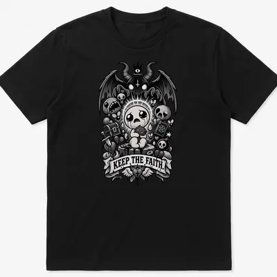 Gothic-style shirt featuring a crying baby character and the phrase 'Keep The Faith.'