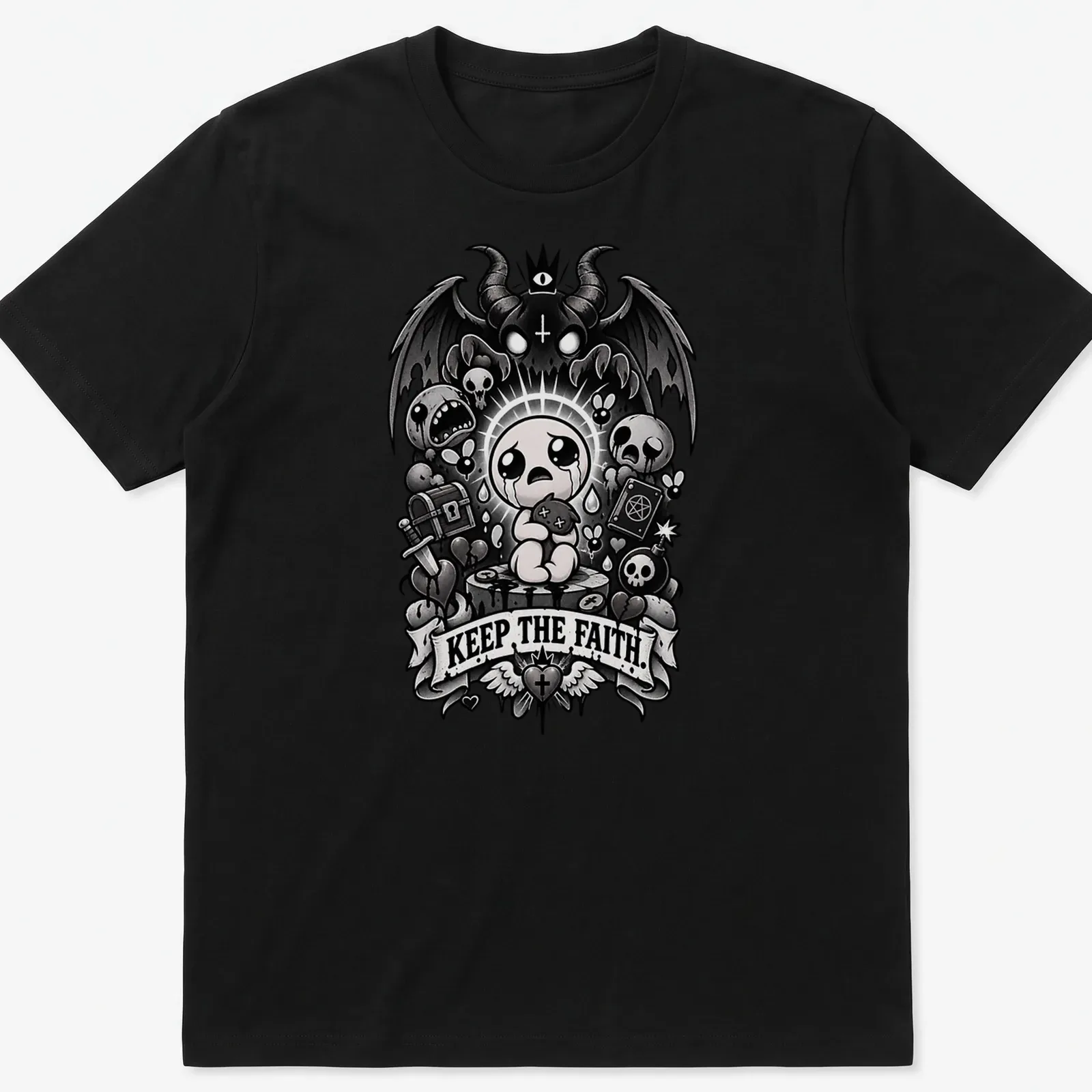 Gothic-style shirt featuring a crying baby character and the phrase 'Keep The Faith.' — printed on a unisex t-shirt