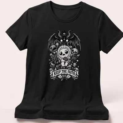 Gothic-style shirt featuring a crying baby character and the phrase 'Keep The Faith.' — printed on a women's shirt