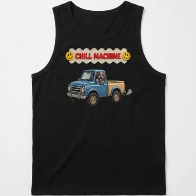 Cute cartoon dog in a retro pickup truck with the text Chill Machine — printed on a tank top
