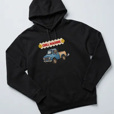 Cute cartoon dog in a retro pickup truck with the text Chill Machine — printed on a unisex hoodie