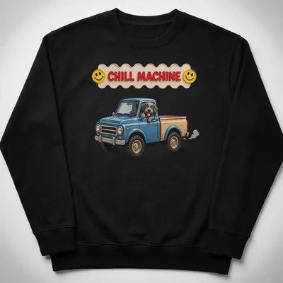 Cute cartoon dog in a retro pickup truck with the text Chill Machine — printed on a unisex sweatshirt