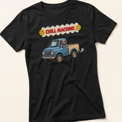 Cute cartoon dog in a retro pickup truck with the text Chill Machine — printed on a women's shirt