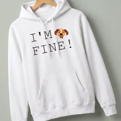 Cartoon dog with a playful expression and the text I'm Fine! — printed on a unisex hoodie