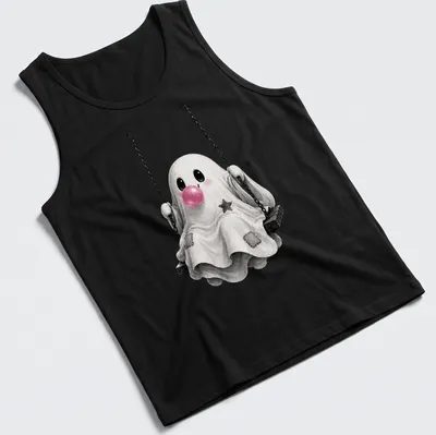Kawaii cute ghost blowing bubblegum while sitting on a swing — printed on a tank top