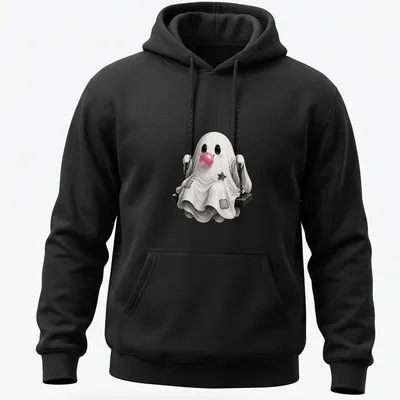 Kawaii cute ghost blowing bubblegum while sitting on a swing — printed on a unisex hoodie