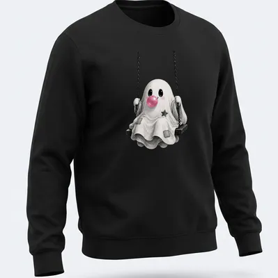 Kawaii cute ghost blowing bubblegum while sitting on a swing — printed on a unisex sweatshirt