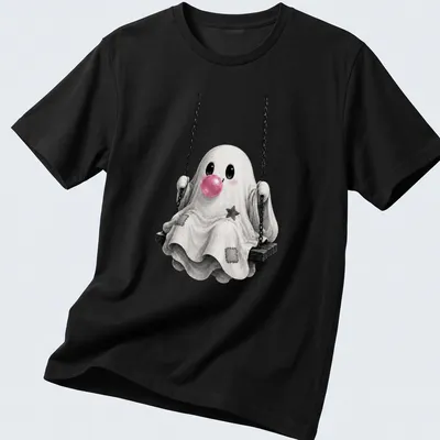 Kawaii cute ghost blowing bubblegum while sitting on a swing