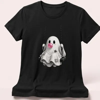 Kawaii cute ghost blowing bubblegum while sitting on a swing — printed on a women's shirt
