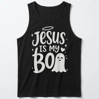Cute ghost illustration with text 'Jesus Is My Boo' in playful design — printed on a tank top