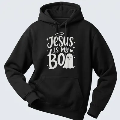 Cute ghost illustration with text 'Jesus Is My Boo' in playful design — printed on a unisex hoodie