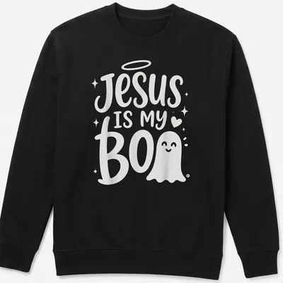 Cute ghost illustration with text 'Jesus Is My Boo' in playful design — printed on a unisex sweatshirt