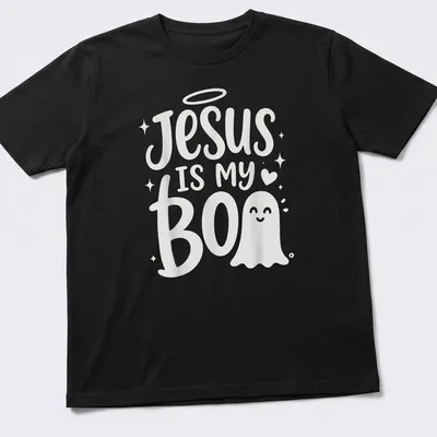 Cute ghost illustration with text 'Jesus Is My Boo' in playful design