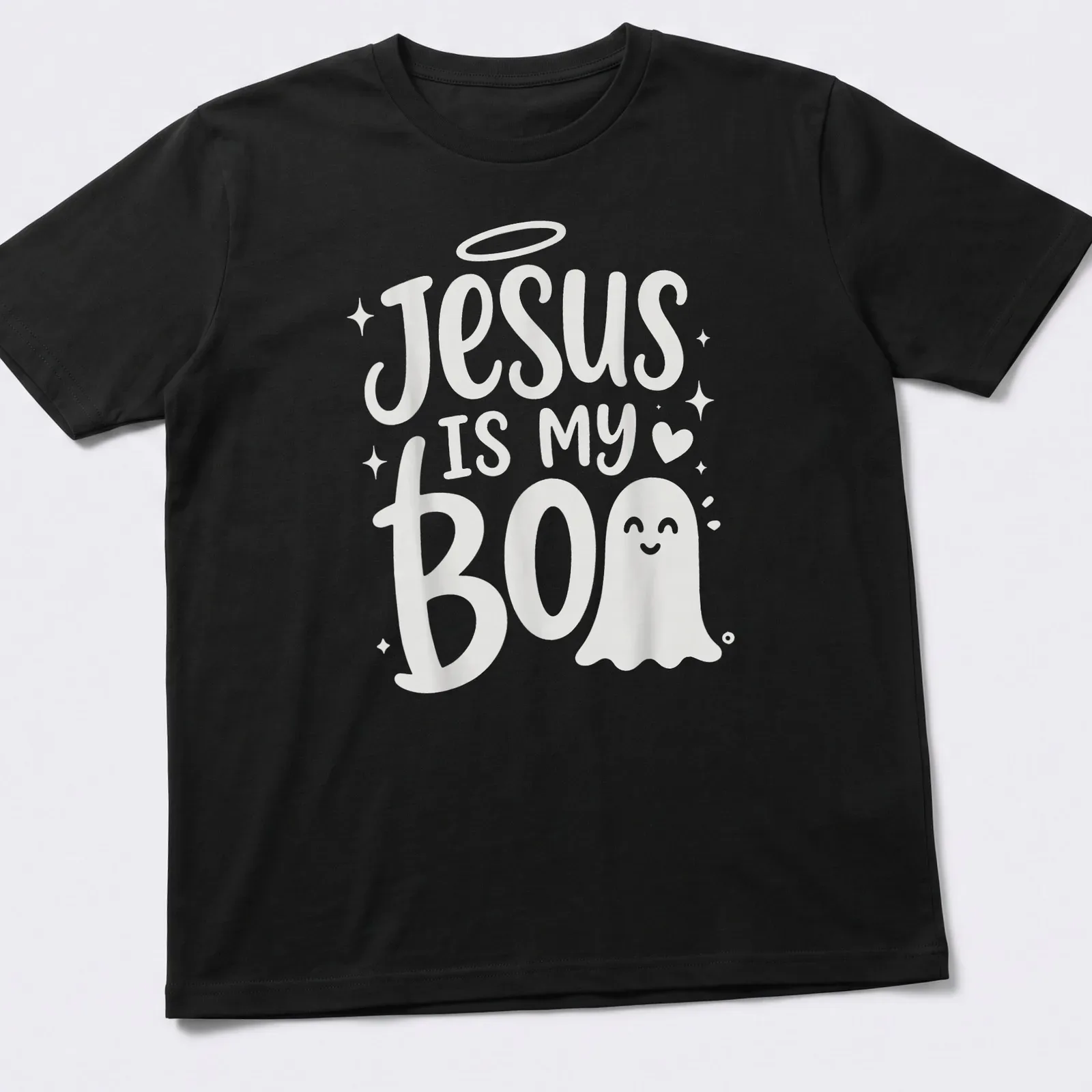 Cute ghost illustration with text 'Jesus Is My Boo' in playful design — printed on a unisex t-shirt