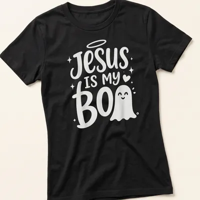 Cute ghost illustration with text 'Jesus Is My Boo' in playful design — printed on a women's shirt