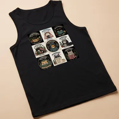 Whimsical graphic featuring introvert cats with text about quietness and solitude — printed on a tank top