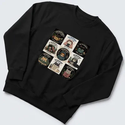 Whimsical graphic featuring introvert cats with text about quietness and solitude — printed on a unisex sweatshirt