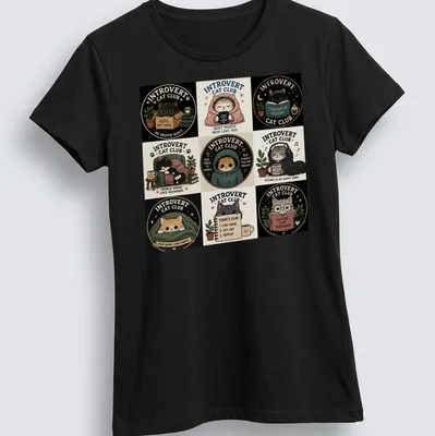 Whimsical graphic featuring introvert cats with text about quietness and solitude — printed on a women's shirt