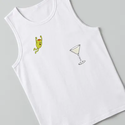 Cartoon olive diving into a dirty martini cocktail with the text 'Dirty Martini Dive' — printed on a tank top
