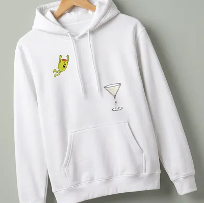 Cartoon olive diving into a dirty martini cocktail with the text 'Dirty Martini Dive' — printed on a unisex hoodie