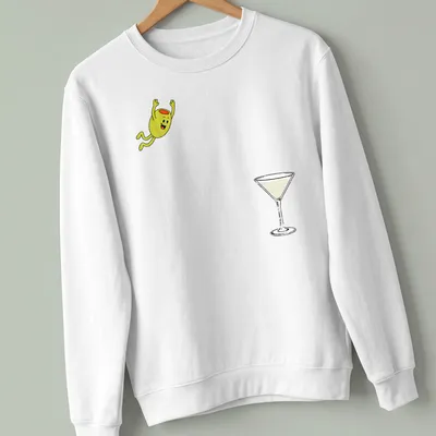 Cartoon olive diving into a dirty martini cocktail with the text 'Dirty Martini Dive' — printed on a unisex sweatshirt