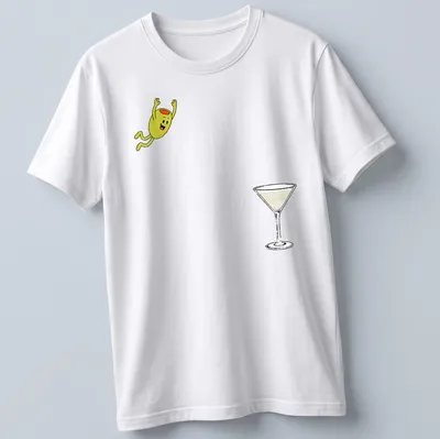Cartoon olive diving into a dirty martini cocktail with the text 'Dirty Martini Dive'