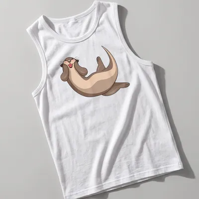 Cartoon print of a cute otter in brown, beige, and pink colors. — printed on a tank top