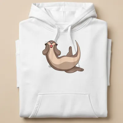 Cartoon print of a cute otter in brown, beige, and pink colors. — printed on a unisex hoodie