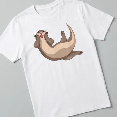 Cartoon print of a cute otter in brown, beige, and pink colors.