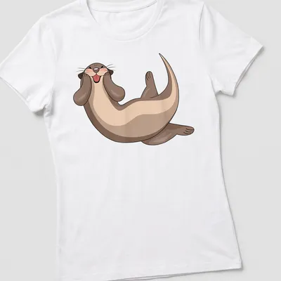 Cartoon print of a cute otter in brown, beige, and pink colors. — printed on a women's shirt