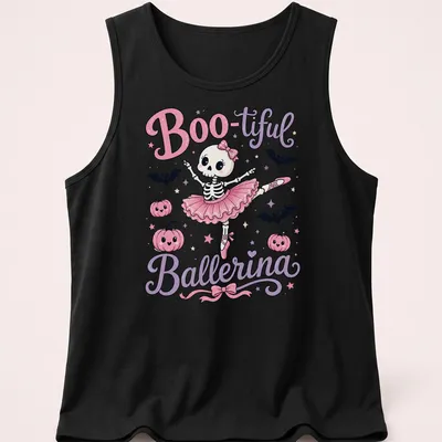 Kawaii illustration of a skeleton ballerina with the text Boo-tiful Ballerina in playful colors — printed on a tank top