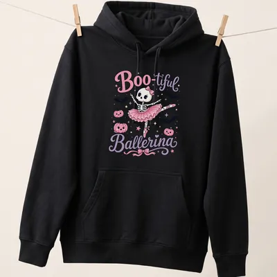 Kawaii illustration of a skeleton ballerina with the text Boo-tiful Ballerina in playful colors — printed on a unisex hoodie