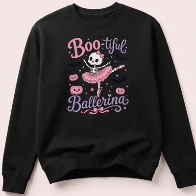 Kawaii illustration of a skeleton ballerina with the text Boo-tiful Ballerina in playful colors — printed on a unisex sweatshirt