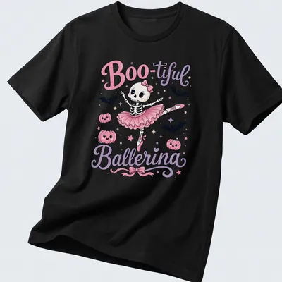 Kawaii illustration of a skeleton ballerina with the text Boo-tiful Ballerina in playful colors